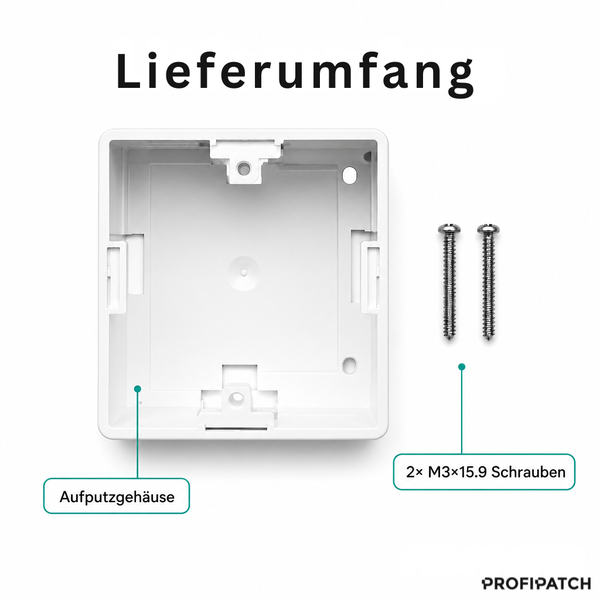 Lieferumfang von Profipatch bestehend aus einem weißen Aufputzgehäuse und zwei Schrauben der Größe M3 mal 15,9.