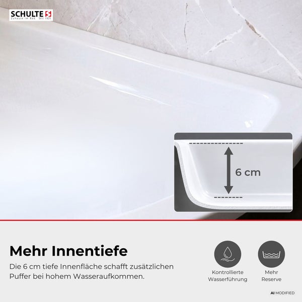Schulte Logo und Duschwannen Detailansicht mit 6 Zentimeter Innentiefe zur kontrollierten Wasserführung für mehr Reserve.