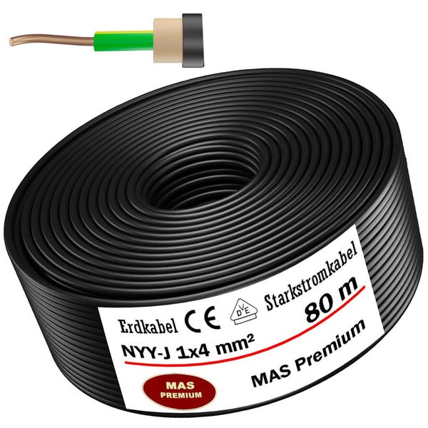MAS Premium Erdkabel NYY-J 1 mal 4 Quadratmillimeter, 80 Meter Rolle, schwarzes Starkstromkabel mit Sicherheitszertifikat und Konformitätszeichen.