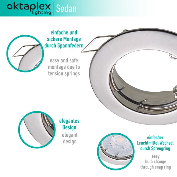 Oktaplex 3er Set Sedan Spotrahmen flach für GU 10 & LED Module - Deckenspots 60mm Lochmass Edelstahl gebürstet Einbauleuchte rund Deckenstrahler