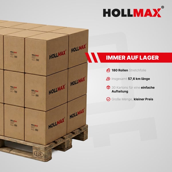 Hollmax Logo. Kartons auf einer Europalette gestapelt. 180 Rollen Stretchfolie mit einer Gesamtlänge von 57,6 Kilometern.