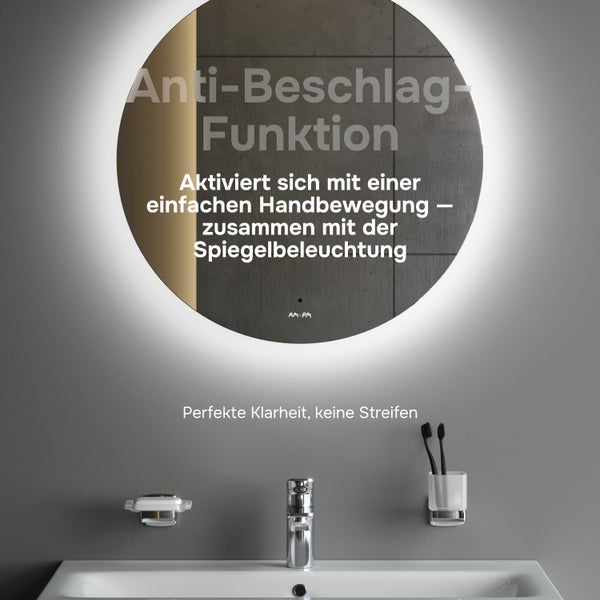 Moderner runder Badezimmerspiegel mit LED-Hintergrundbeleuchtung und Anti-Beschlag-Funktion über einem Waschbecken mit Armatur.