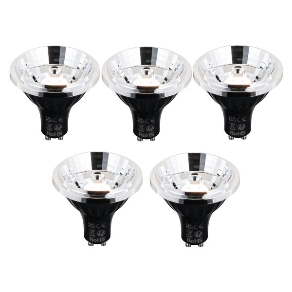Fünf LED GU10 Leuchtmittel mit schwarzem Gehäuse, silbernem Reflektor und Konformitätskennzeichnungen.