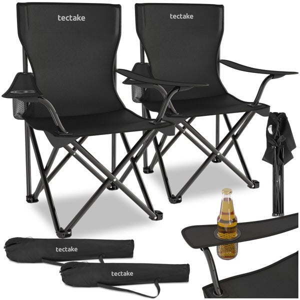 Zwei klappbare Campingstühle von Tectake mit Getränkehalter inklusive Tragetaschen.