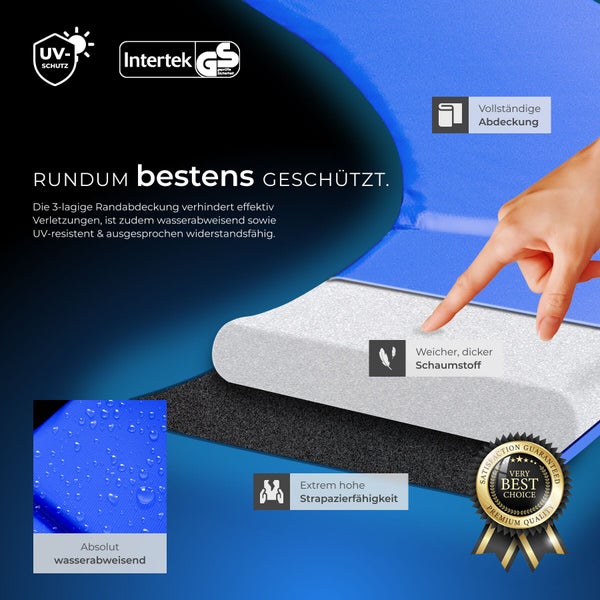 Dreilagige Trampolin-Randabdeckung mit UV-Schutz, wasserabweisender Oberfläche, dickem Schaumstoff und hoher Strapazierfähigkeit. Intertek GS Logo.
