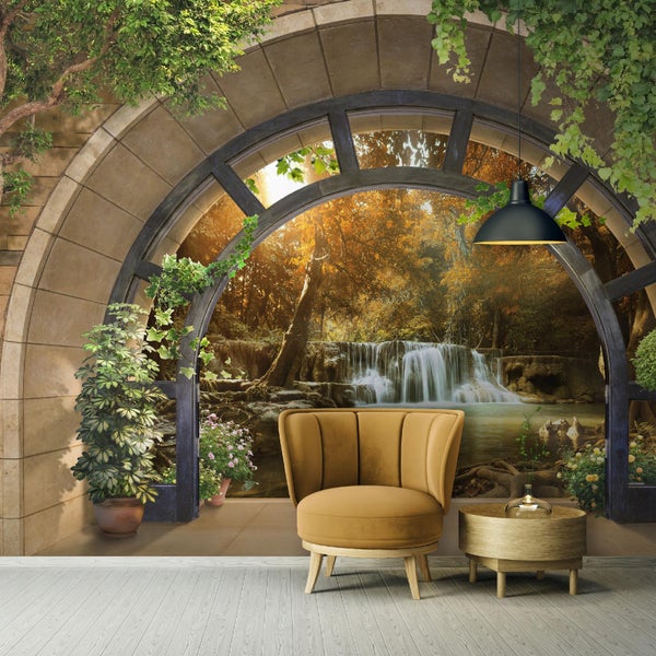 Fototapete 3D Fenster Wasserfall Vlies Tapete Wohnzimmer 200X140 cm