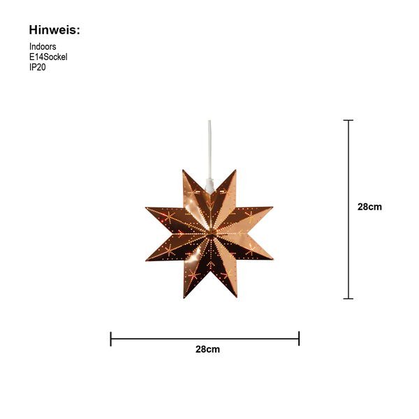 Dekorativer Stern mit E14 Fassung und 28 cm Durchmesser für den Innenbereich.