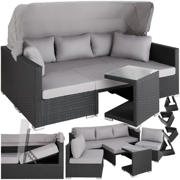 Rattan Lounge tectake San Marino mit Sicherheitsglasplatte, variabel aufstellbar mit Aluminiumgestell schwarz
