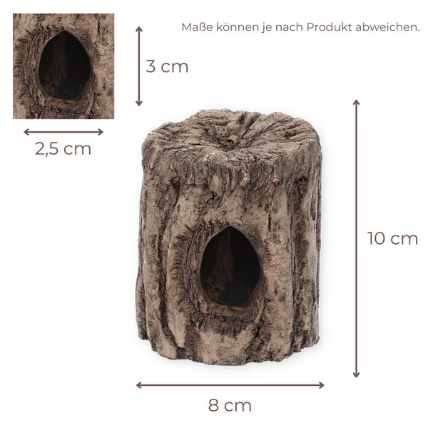 Baumstumpf-Dekoration für Aquarien und Terrarien, Höhe 10 Zentimeter, Breite 8 Zentimeter, Öffnung 3 mal 2,5 Zentimeter.