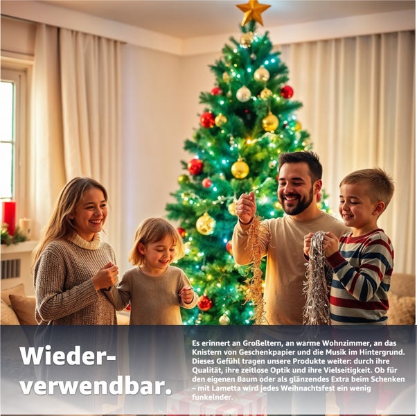 Familie schmückt Weihnachtsbaum mit Lametta im Wohnzimmer