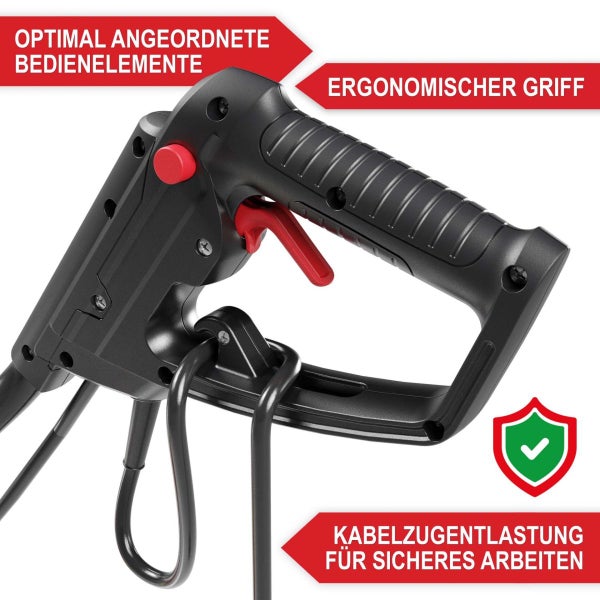 Ergonomischer Griff eines Gartengeräts mit Bedienelementen, Kabelzugentlastung und Sicherheitszeichen für sicheres Arbeiten.