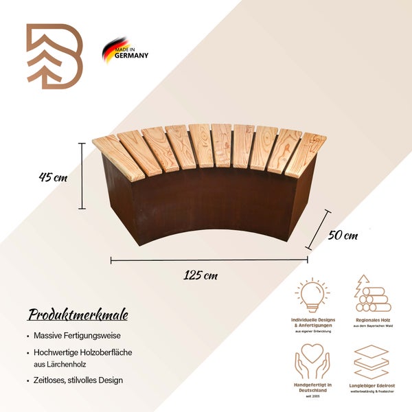 Gebogene Gartenbank aus Lärchenholz mit Edelrost Untergestell 125 mal 50 mal 45 Zentimeter mit Produktinformationen und Herkunftshinweisen