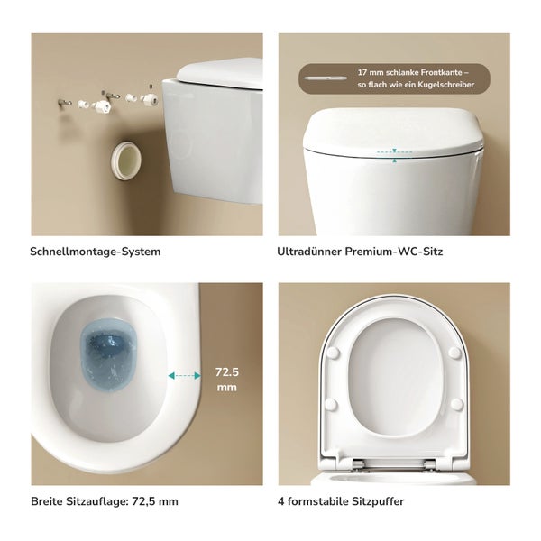 Detailansichten einer Toilette: Schnellmontagesystem, 17 Millimeter dünner Sitz, 72,5 Millimeter breite Auflage und 4 formstabile Sitzpuffer.