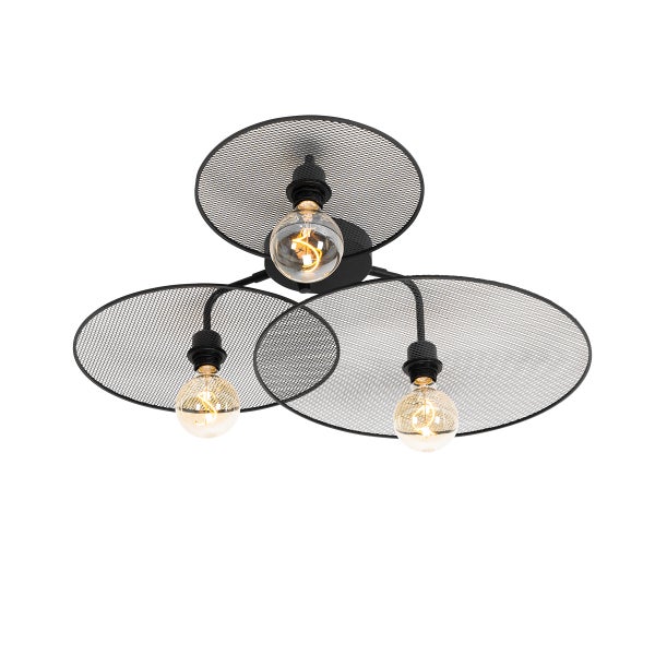 Deckenleuchte mit drei Leuchtmitteln und runden Lampenschirmen aus Metallgitter