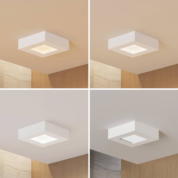 Quadratische LED-Deckenleuchte in vier verschiedenen Farbtemperaturen von warmweiß bis tageslichtweiß.