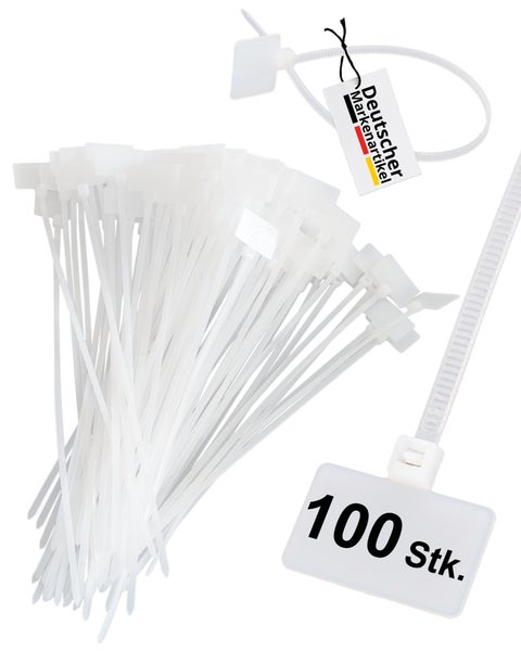 100 Stk. Kabelbinder mit Beschriftungsfeld quer 2,5 cm x 1,5 cm, Länge 21 cm, transparent, für Rohrbeschriftung, Kabelmarkierung, Schlauchmarkierung