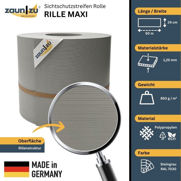 Zaun zu Sichtschutzstreifen Rolle Rille Maxi, Länge 50 Meter, Breite 24 Zentimeter, Materialstärke 1,25 Millimeter, Gewicht 850 Gramm pro Quadratmeter, Material Polypropylen, Farbe Steingrau RAL 7030, hergestellt in Deutschland