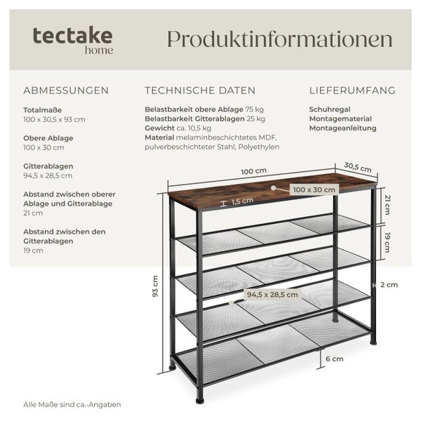 Produktinformationen Schuhregal mit den Abmessungen und technischen Daten