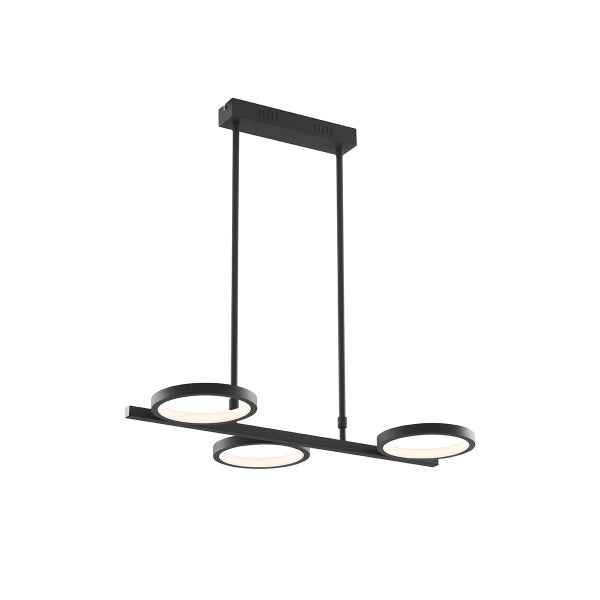 Moderne LED Pendelleuchte mit drei runden Leuchtköpfen an einer horizontalen Schiene für die Deckenmontage