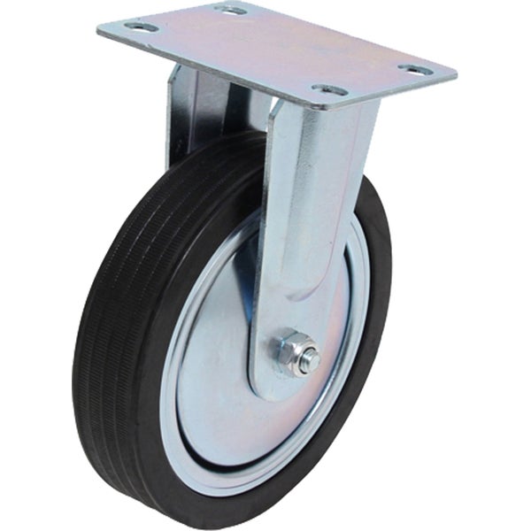 Bockrolle mit schwarzer Gummibereifung und verzinkter Stahlblechgehäuse-Montageplatte.