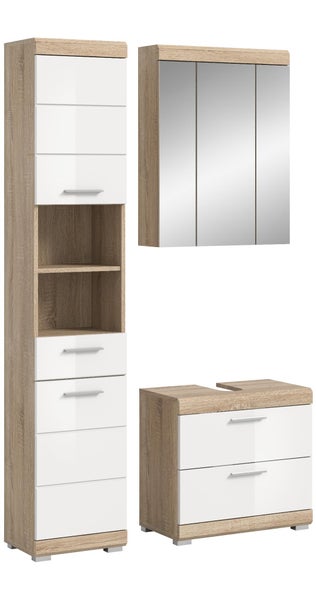 Badezimmermöbel-Set bestehend aus Hochschrank, Spiegelschrank und Waschbeckenunterschrank in Holzoptik und Weiß.