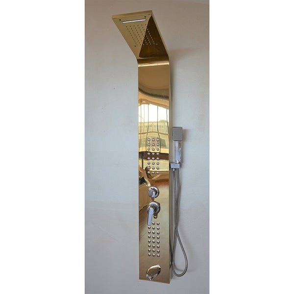 Duschpaneel zur Wandmontage mit Regenduschkopf, Wasserfallfunktion, Massagedüsen, Handbrause und Bedienhebeln in Gold-Optik.