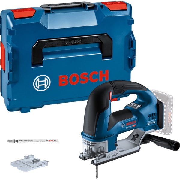 Bosch Akku-Stichsäge GST 18 Volt-155 BC Professional mit Transportkoffer L-BOXX, Sägeblatt und Spanreißschutz. Bosch Logo.