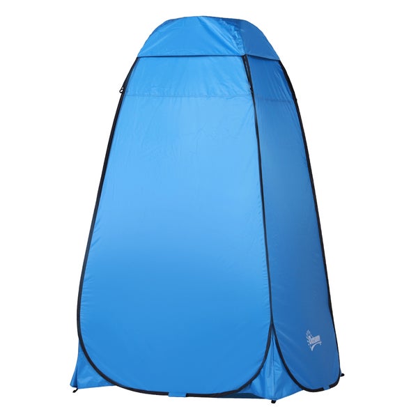 Blaues Pop-up-Umkleidezelt für Garten und Camping aus Polyester mit Reißverschlusstür.