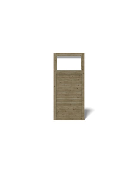 Sichtschutzelement aus Holz mit horizontalen Lamellen und einem rechteckigen Ausschnitt im oberen Bereich.