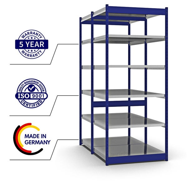 PROREGAL Fachbodenregal Stecksystem Vierkant-Profil Grundregal HxBxT 250 x 102,5 x 80 cm 2x6 Ebenen Doppelseitige Bauart Fachlast 200 kg Enzianblau