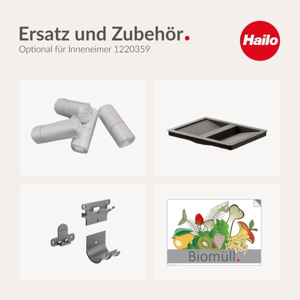 Hailo Logo und Zubehör für Inneneimer 1220359 wie Müllbeutel, Deckel, Montagematerial und Aufkleber für Biomüll.