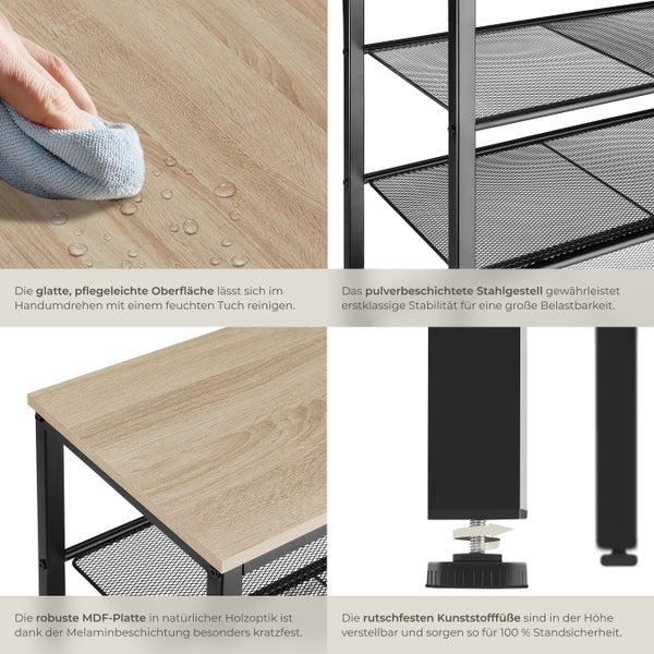 Detailansichten eines Regals, das die einfache Reinigung, Stabilität, Kratzfestigkeit und höhenverstellbare Füße hervorhebt