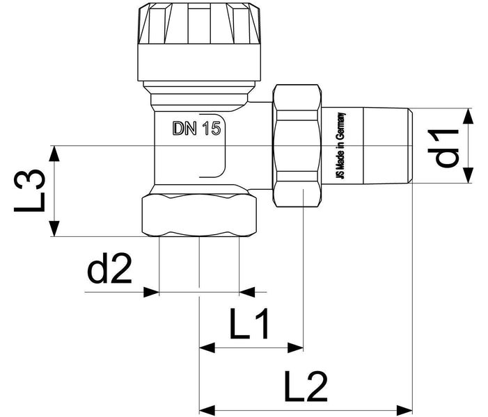 Technische Zeichnung eines Eck-Heizkörperventils mit Maßangaben d1, d2, L1, L2 und L3 sowie Angabe DN 15.
