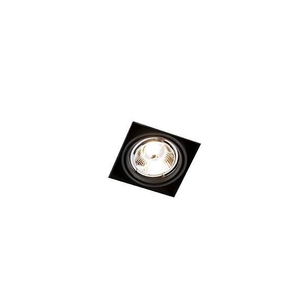 Quadratischer Einbaustrahler in Schwarz mit rundem Reflektor.