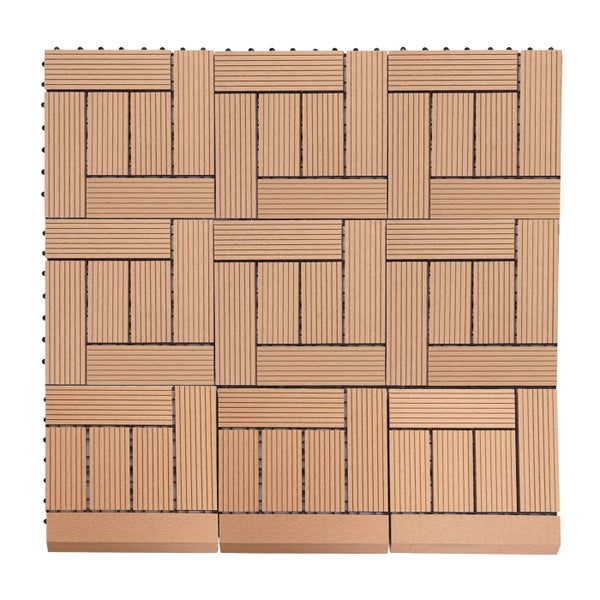 Quadratische Terrassenfliesen aus Holz-Kunststoff-Verbundwerkstoff mit Klicksystem, geriffelter Oberfläche in Flechtoptik und Abschlusskanten.