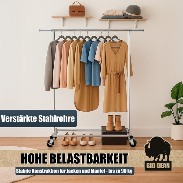 Kleiderständer aus Stahl mit Kleidung und Schuhen