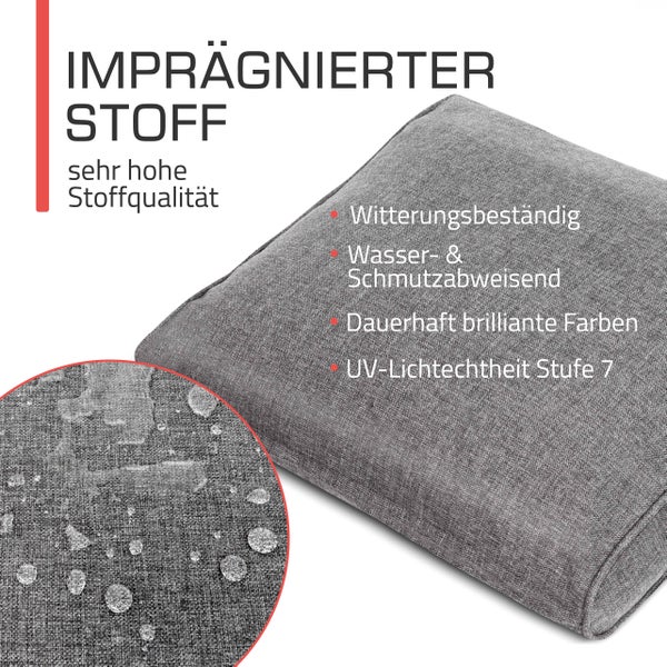 Imprägniertes Sitzkissen mit wasser- und schmutzabweisenden Eigenschaften sowie hoher Lichtechtheit für den Außenbereich.
