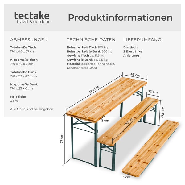 Bierzeltgarnitur tectake Sissi robustes Tannenholz mit Schutzlackierung 3-teilig, klappbar braun