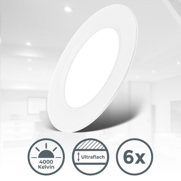 Runde LED Einbauleuchte im 6er Pack, ultraflach, neutralweißes Licht mit 4000 Kelvin.