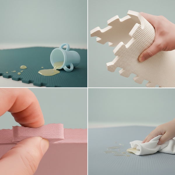 Collage zeigt Eigenschaften von Schaumstoff-Puzzlematten: wasserabweisende Oberfläche, flexibles Material, dicker Schaumstoff, leicht zu reinigen.