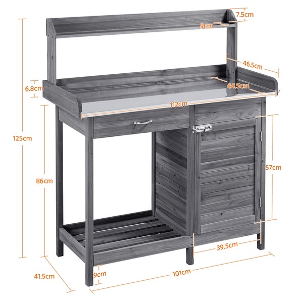 Gartentisch aus Holz mit Arbeitsfläche, Schublade und Stauraum
