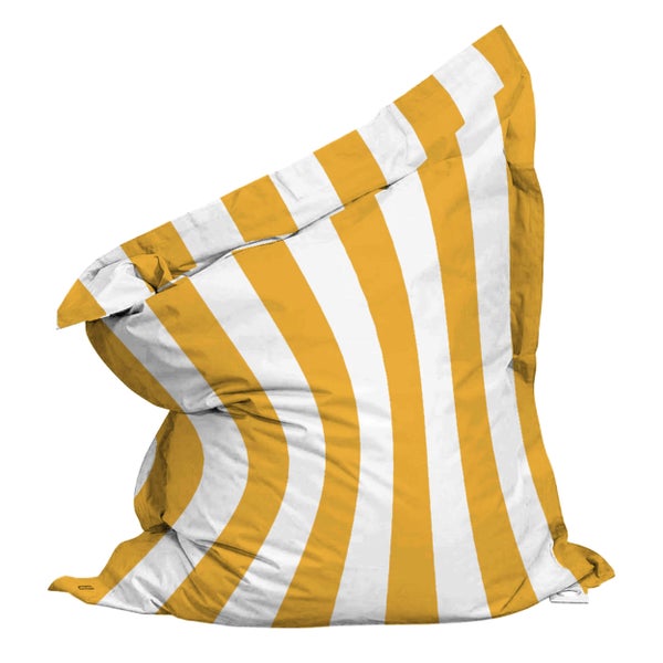 Gelb und weiß gestreifter Sitzsack aus Stoff für den Innen- und Außenbereich.