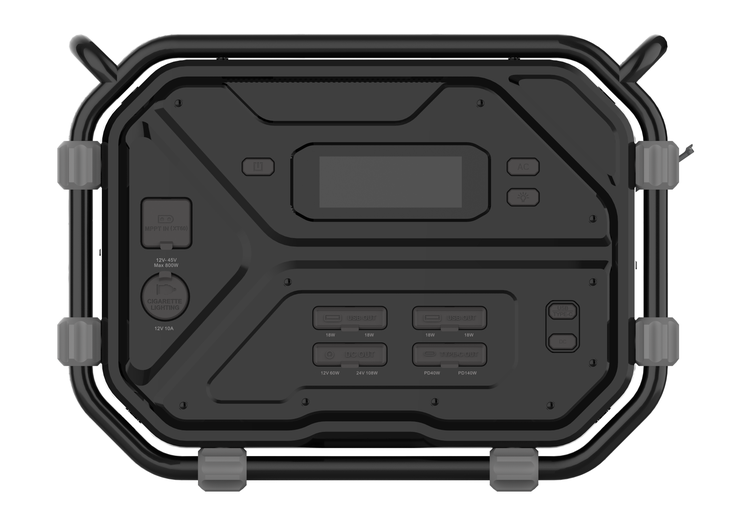 Tragbare Powerstation mit verschiedenen Anschlüssen wie USB, USB-C und Gleichstromausgang.