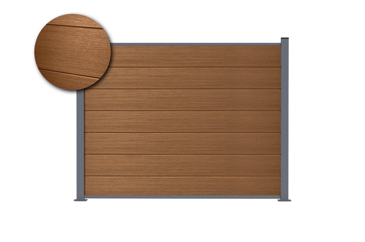 Sichtschutzzaun in brauner Holzoptik mit horizontalen Lamellen und grauem Aluminiumrahmen inklusive Detailansicht der Oberflächenstruktur.