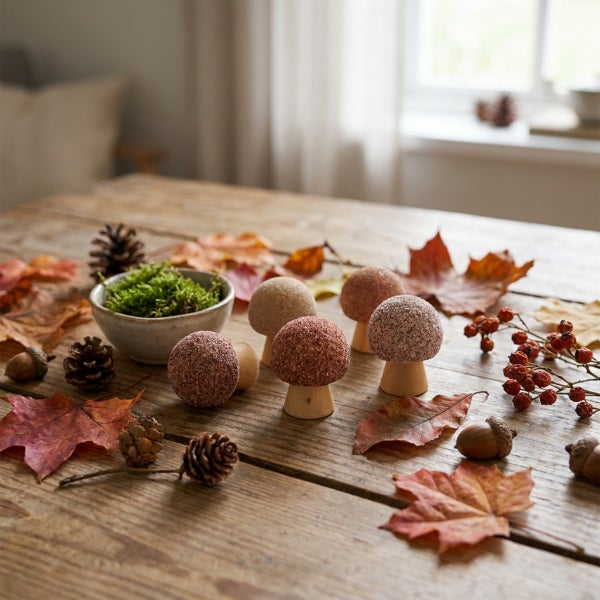 Dekorative Holzpilze mit strukturierter Kappe als Herbstdekoration auf einem Holztisch mit Herbstlaub, Zapfen und Beeren dekoriert.
