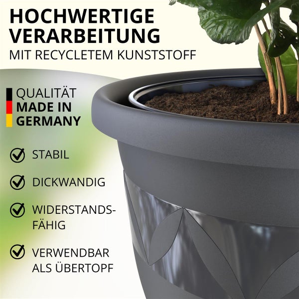 Detailaufnahme eines grauen Pflanzgefäßes mit Hinweisen zu hochwertiger Verarbeitung, recyceltem Kunststoff und Qualität Made in Germany, sowie den Produkteigenschaften stabil, dickwandig, widerstandsfähig und verwendbar als Übertopf.