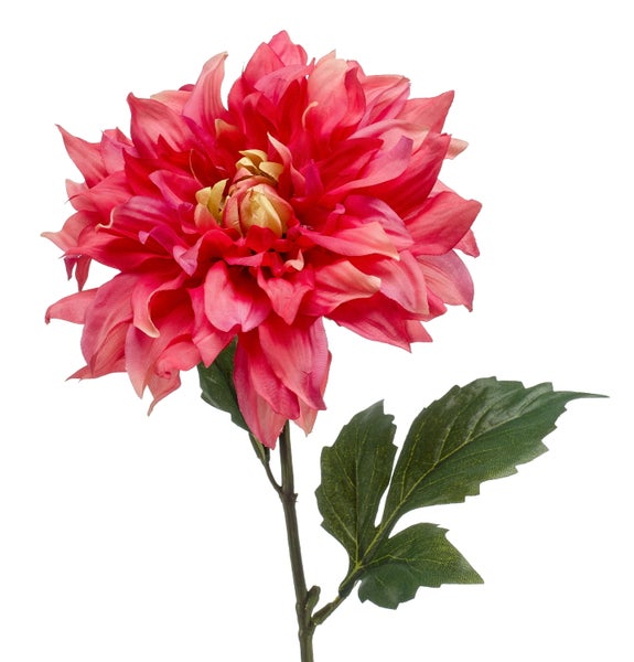 Künstliche Dahlie in Rosa mit grünem Stiel und grünem Blatt.