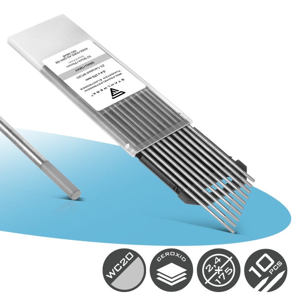Packung mit zehn STAHLWERK Wolframelektroden WC20, zwei Komma vier mal einhundertfünfundsiebzig Millimeter, für WIG Schweißen, grau.