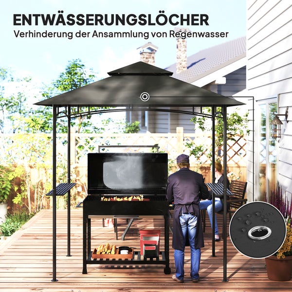 Outsunny Grillpavillon mit LED 240 x 150 x 258 cm wasserabweisend flammhemmend Gartenpavillon mit Doppelschichtdach, Seitenregalen, Gartenlauben mit UV-Schutz, BBQ Pavillon für Party BBQ Dunkelgrau