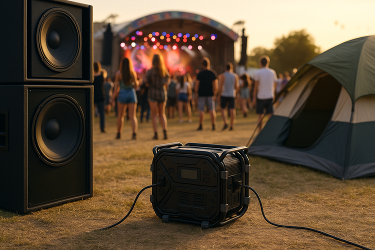 Festival mit Lautsprecherboxen, Zelt und Stromgenerator